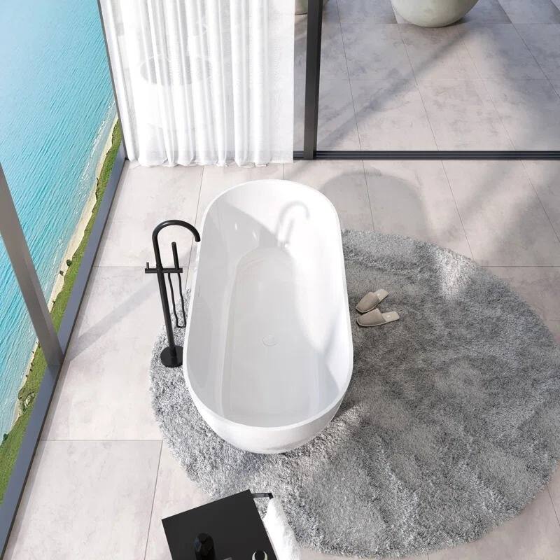 ABRUZZO Glossy White Freestanding Solid Surface Bathtub with Overflow and Pop-up Drain