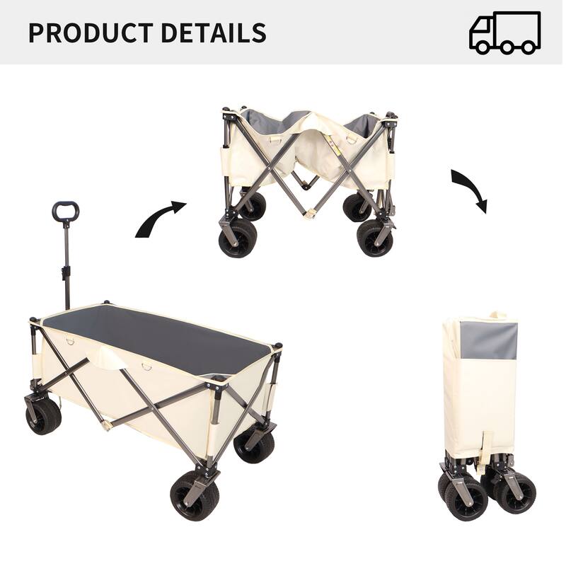 Folding Wagon, Heavy Duty Beach Cart for Sand with Big Wheels, Adjustable Handle&Drink Holders for Shopping, Camping and Outdoor