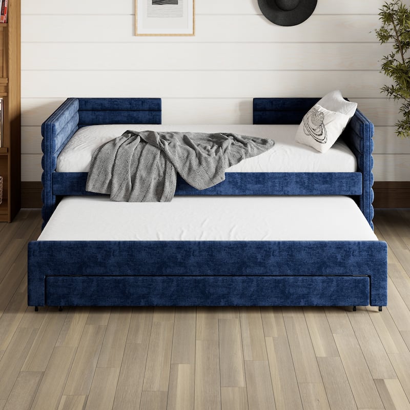 Twin Size Upholstered Daybed Short-haired Linen Fabric L-shape Sofa Bed Frame with Pull-out Trundle Bed and 3 Storage Drawers