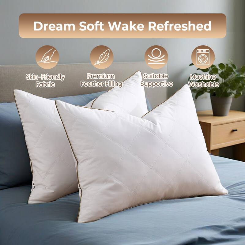 Set of 2 Goose Feather Medium-Firm Bed Pillows for Side & Back Sleepers with Quilted Cover - White - Medium-Firm - Queen
