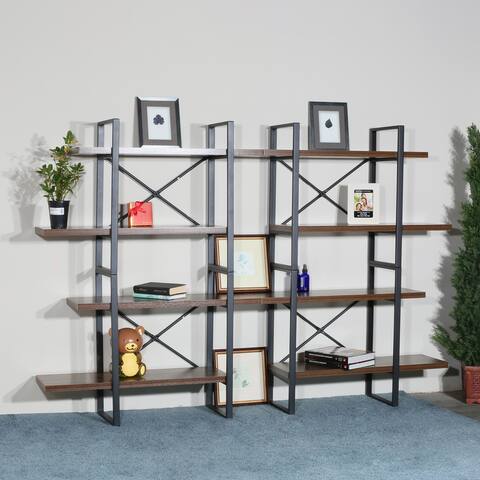 Large double bookcases with 8 walnut wood shelves for living room - 82.68*11.34*56.69 inches