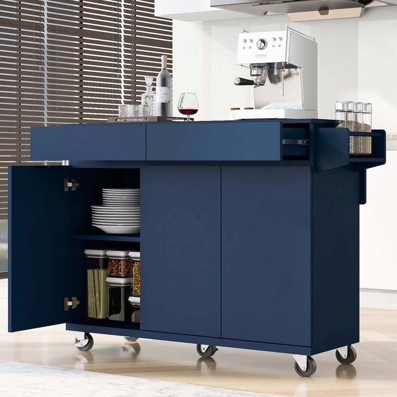 53.2'' Kitchen Island with Drop Leaf, Kitchen Storage Cart with Spice Rack, Towel Rack and 2 Drawers, Rolling Kitchen Island - Blue