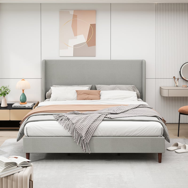 Queen/King Size Bed Frame Chenille Upholstered Bed High Headboard - Grey - King