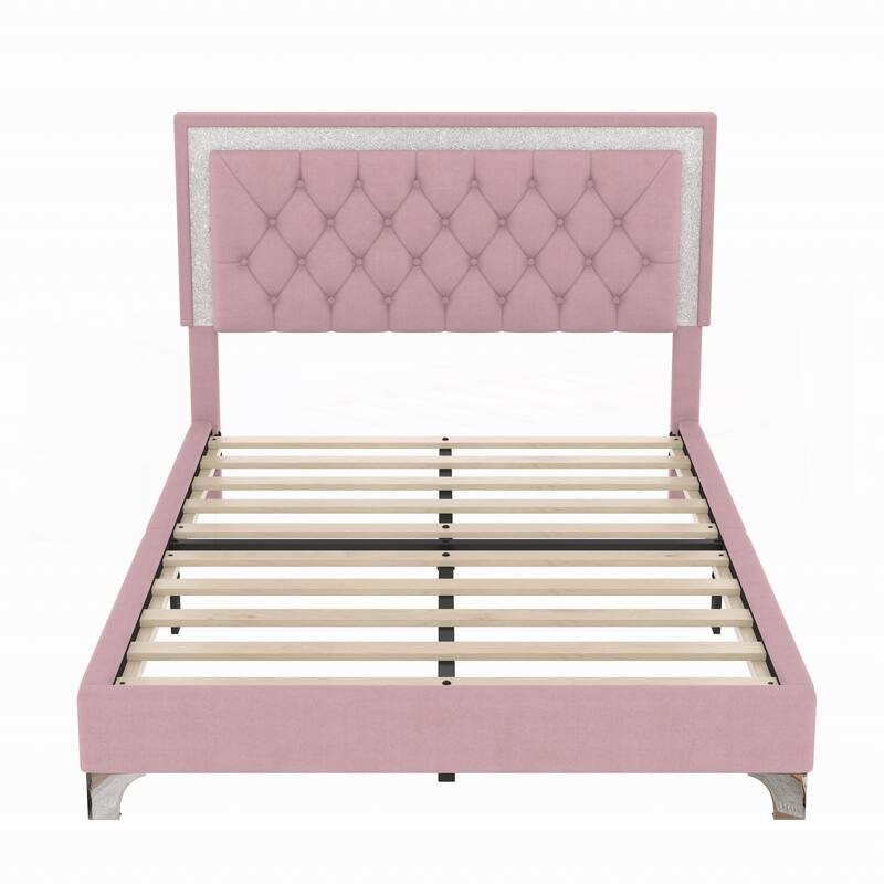 Full Size Upholstered Bed Frame with LED Lights