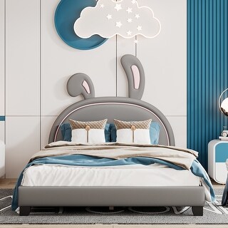 Full Size Platform Bed, Cute Leather Platform Bed with Rabbit Ornament, Upholstered Day Bed Frame, Low Profile Single Bed
