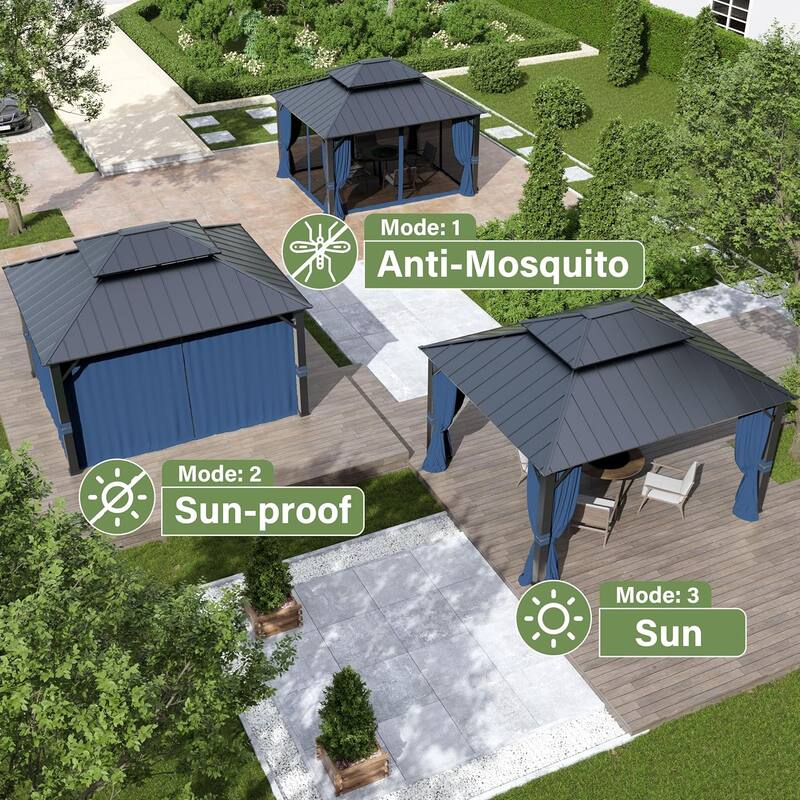 Outdoor Hardtop Gazebo Galvanized Steel Roof & Aluminum Frame, Patio Canopy Pergola w/ Mosquito Net & Curtain