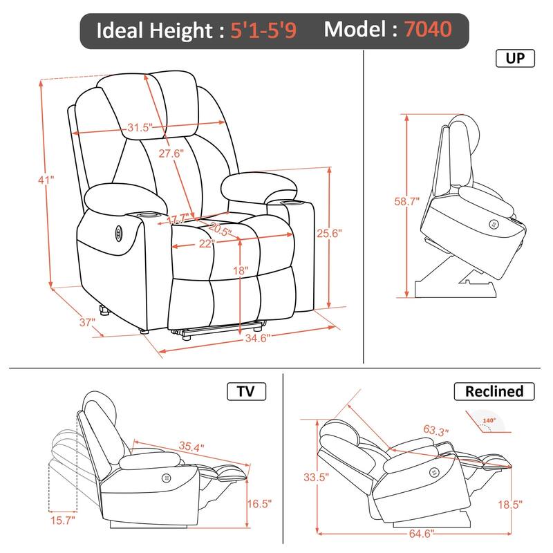 MCombo Electric Power Lift Recliner Chair Sofa with Massage and Heat, 3 Positions, USB Ports, Faux Leather 7040