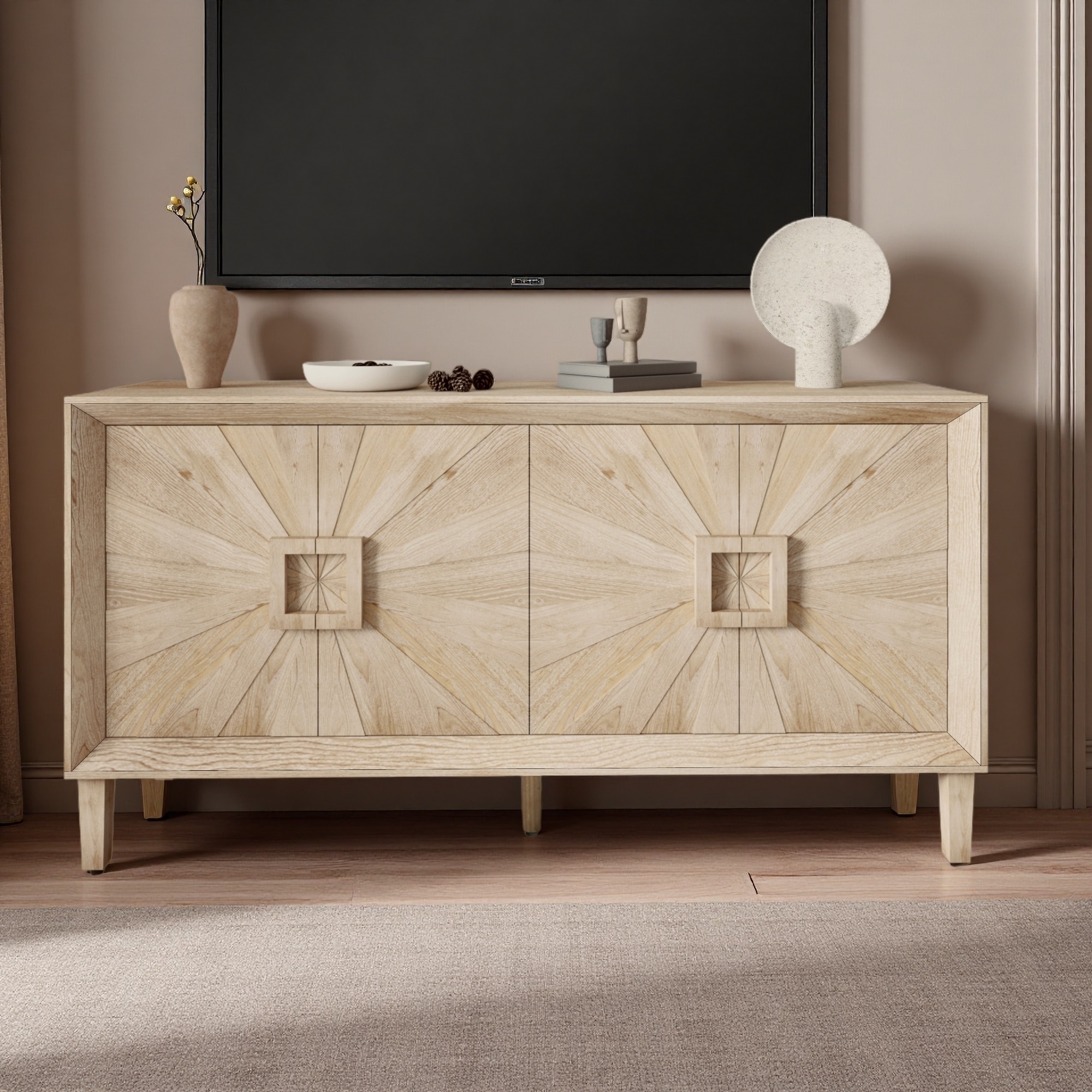 60" TV Stand Cabinet with Carved White Doors, Black Frame, Adjustable Shelves, Roman Column Feet, for Living Room and Entryway