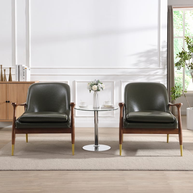 Roomfitters Mid-Century Faux Leather Accent Chair with Cushioned Seat, Solid Wood Frame and Brass-Tipped Legs