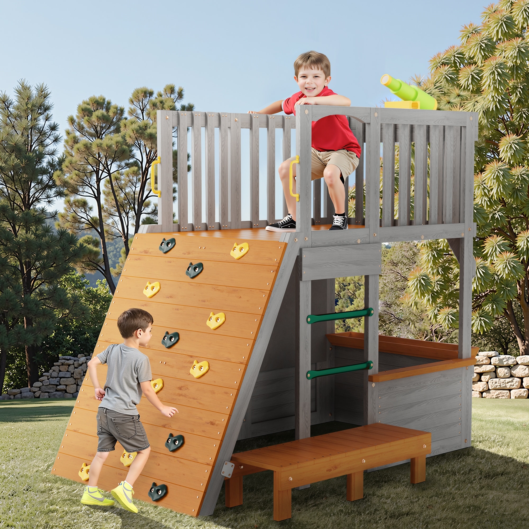 Kids Playhouse Outdoor Wooden Play House Play Set Large Sturdy Realistic Design With Lookout Post Telescope And Climb Ramp Bed Bath Beyond 42380106