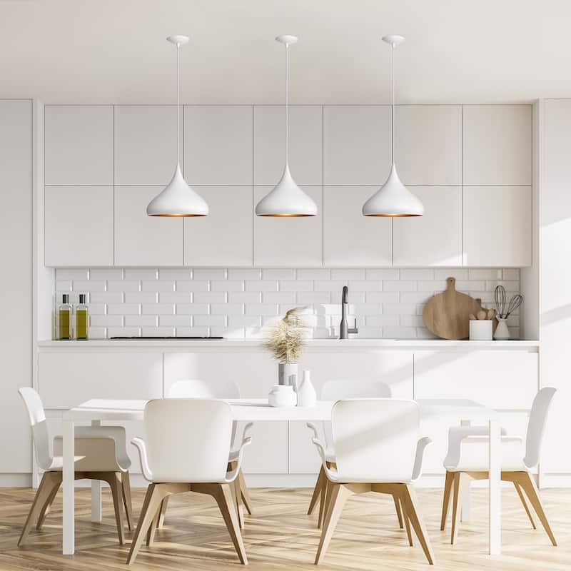 1-Light 12 in. White Single Pendant with Teardrop Metal Shade