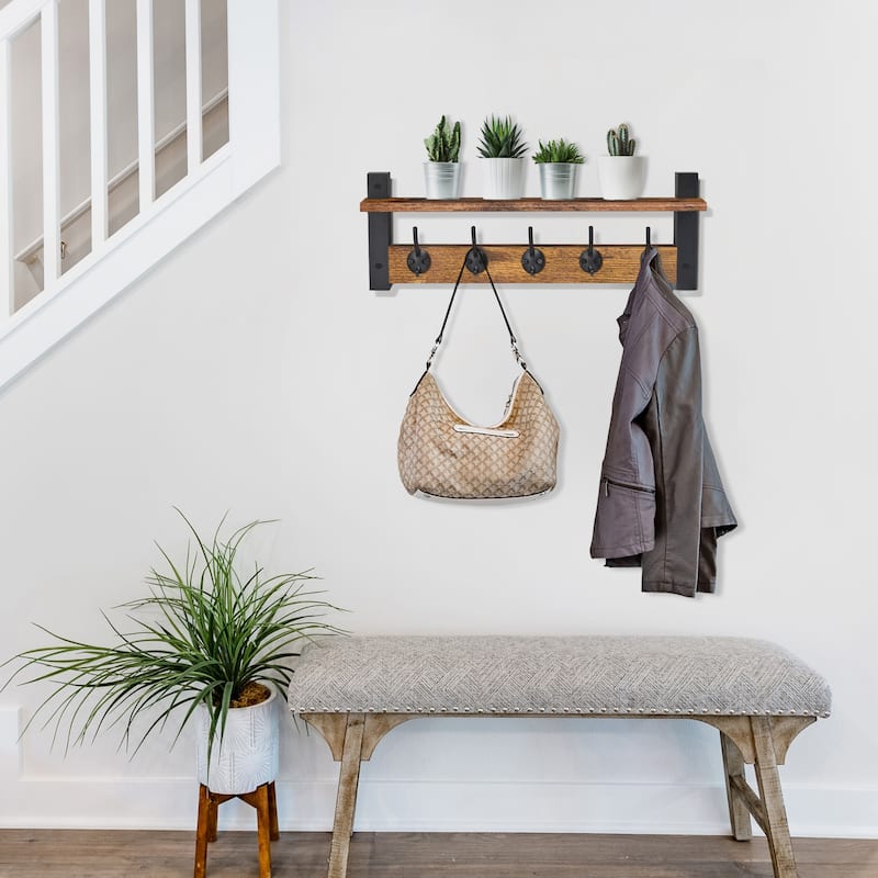 Sorbus Coat Hooks Wall Mount Floating Shelf with 5 Heavy Duty Hooks, Large and Extra Large