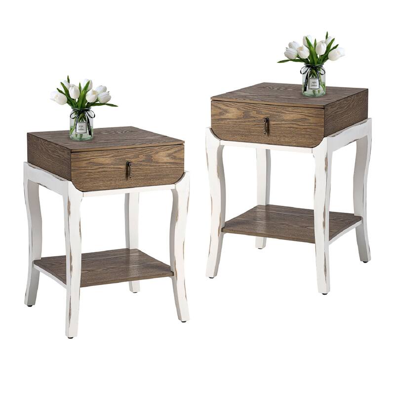 SUNBURY Farmhouse Nightstand Wood Accent End Table w Drawer and Shelf - Brown-2PC