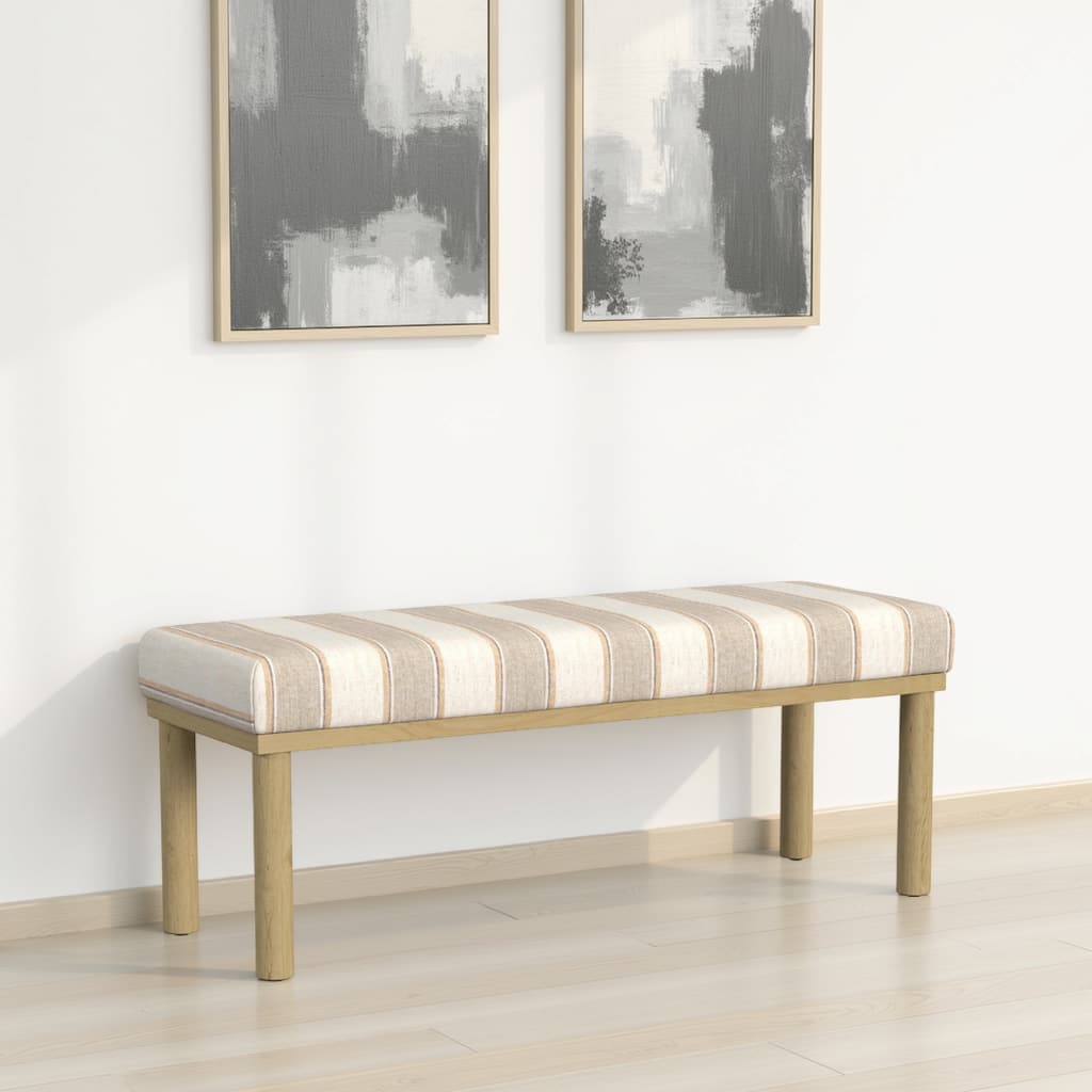 Fin Bench, Natural Brown Wood, Striped Tan Cream Polyester 48 Inch