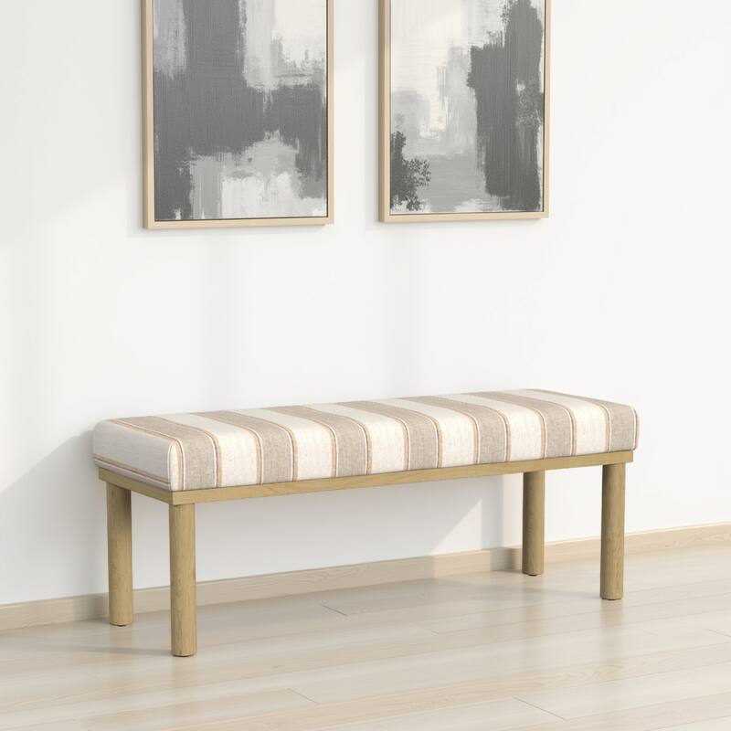 Fin Bench, Natural Brown Wood, Striped Tan Cream Polyester 48 Inch