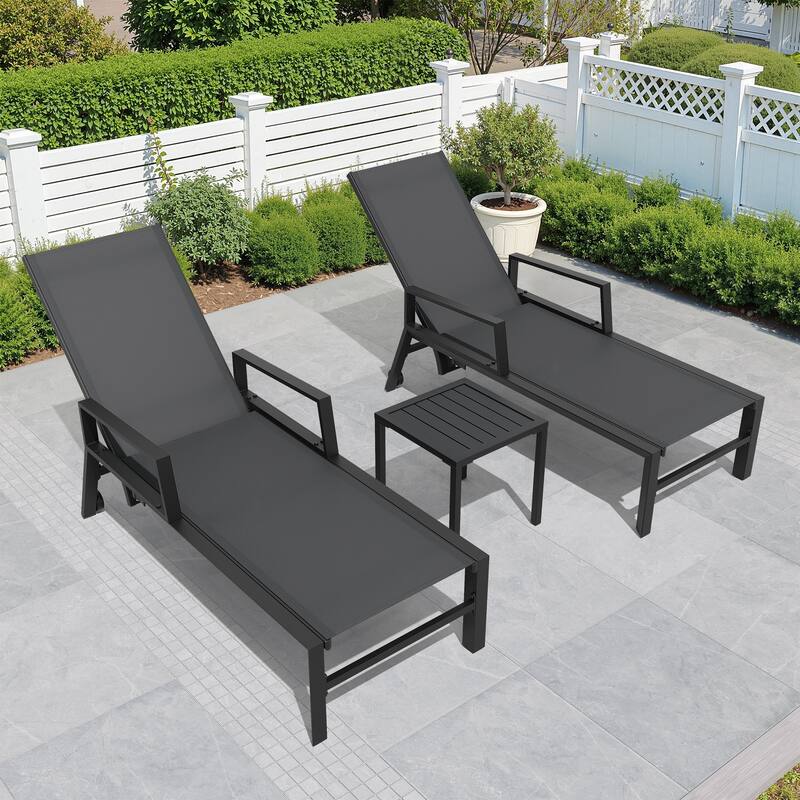 Outdoor Aluminum Patio Lounge Chair Set Side Table and Chaise Lounges with Wheels - Black