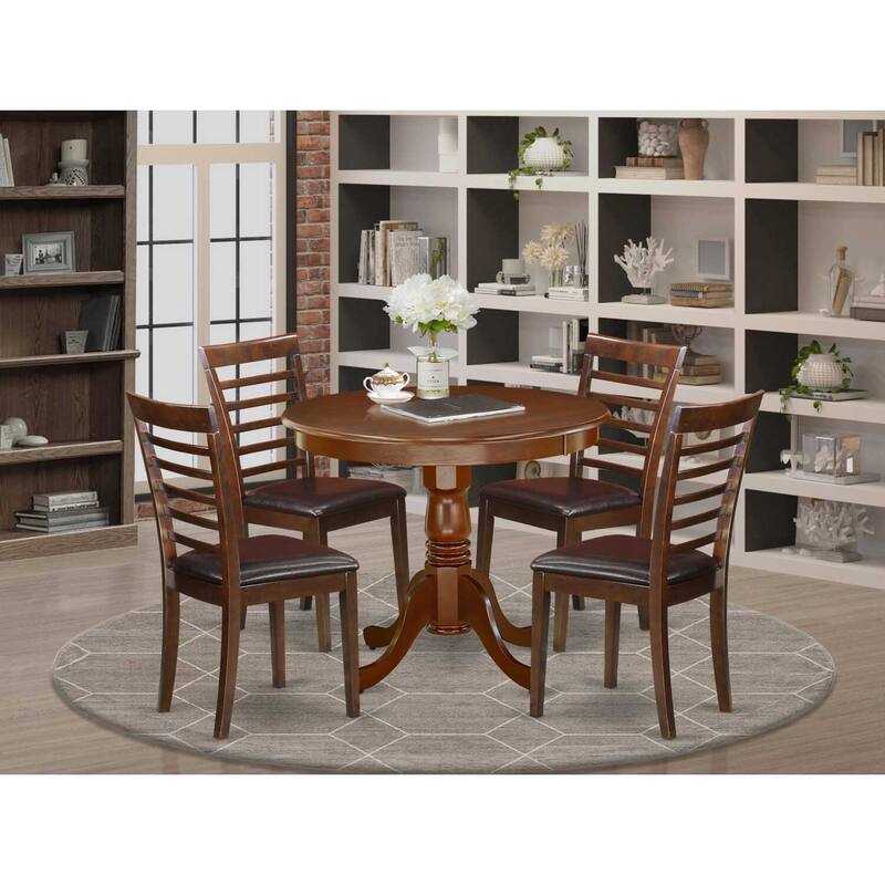 HomeStock 5-Piece Round Mahogany Finish Solid Wood Top Dining table with 4-Chairs with Lattice Back
