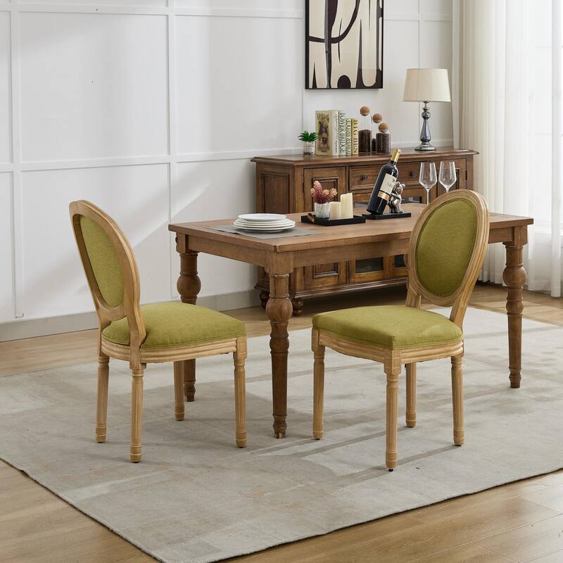 Kitchen Linen Dining Chair Set of 2, Wooden Frame Chair w/ Oval Backrest