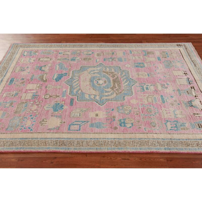 Hand Knotted Oriental 100% Wool Carpet Transitional Geometric Pink Oushak Area Rug - 7' 0'' X 5' 4''