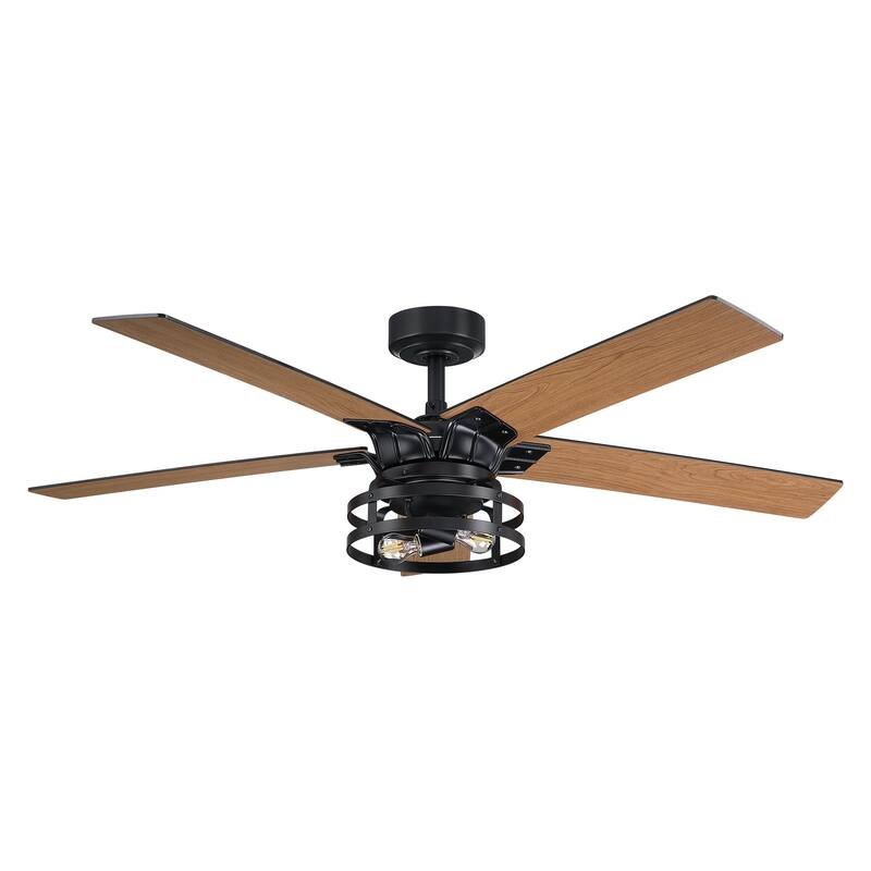 52" Industrial Wood 5-Blade Black Ceiling Fan with Remote and Light Kit