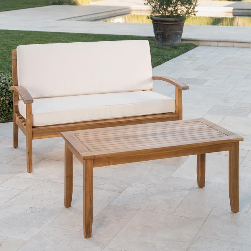 Outdoor Acacia Wood Loveseat and Coffee Table Set with Water-Resistant Cushions - Patio Seating for Garden or Balcony