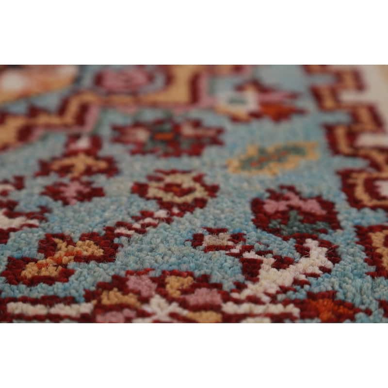 Hand Knotted Oriental 100% Wool Carpet Traditional Geometric Navy Blue & Blues Heriz (serapi) Runner Rug - 8' 0'' X 2' 6''