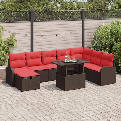 vidaXL 9 Garden Sofa Set with Cushions Black/Brown/Grey Poly Rattan - 113.8 x 70.5 x 27.2