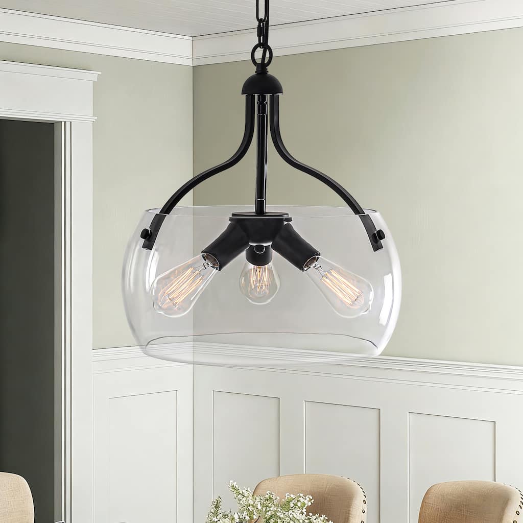 15.75" Black 3-Light Glass Pendant Light, Adjustable Fixture