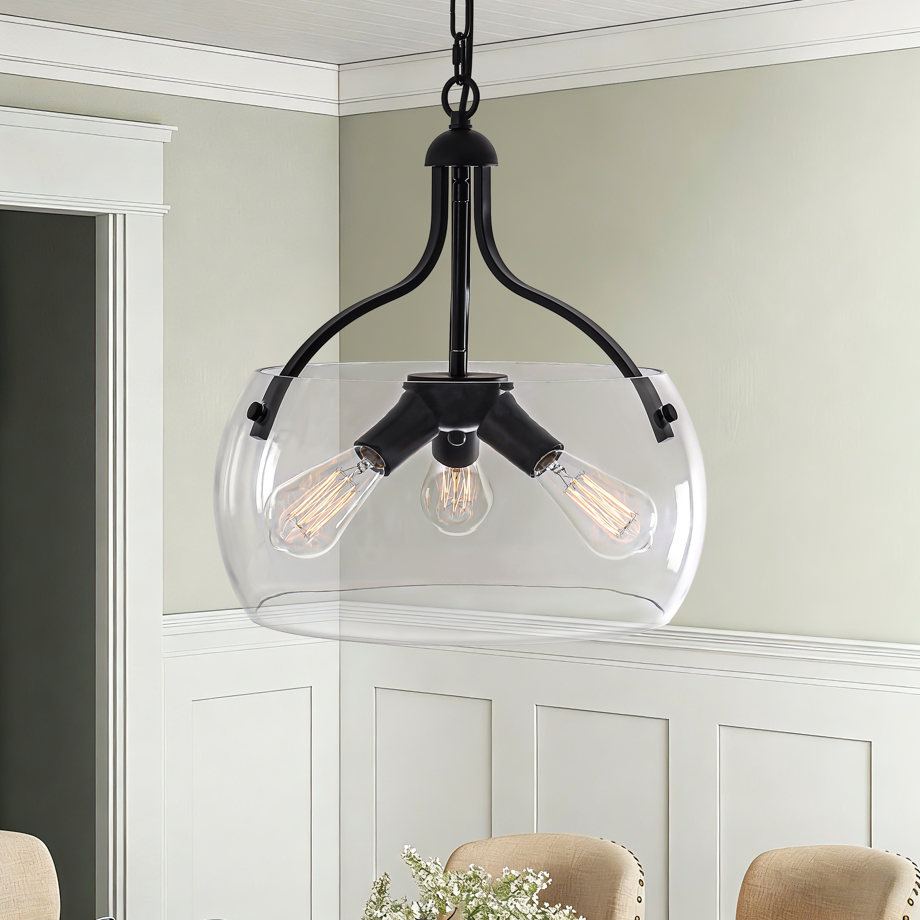 15.75" Black 3-Light Glass Pendant Light, Adjustable Fixture