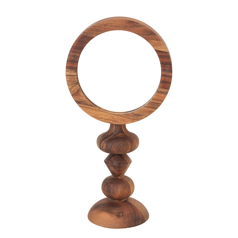 Acacia Wood Table Mirror with Carved Wood Base, Natural - 8.0"L x 5.0"W x 16.0"H - Natural