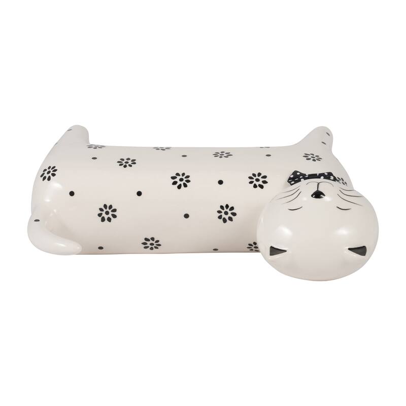 Sagebrook Home Ceramic White Novelty Daisies Cat, Accent Piece Sculpture Home Decor Collectible