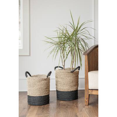 East at Main Black and Natural Woven Seagrass Baskets with Handles (Set of 2)
