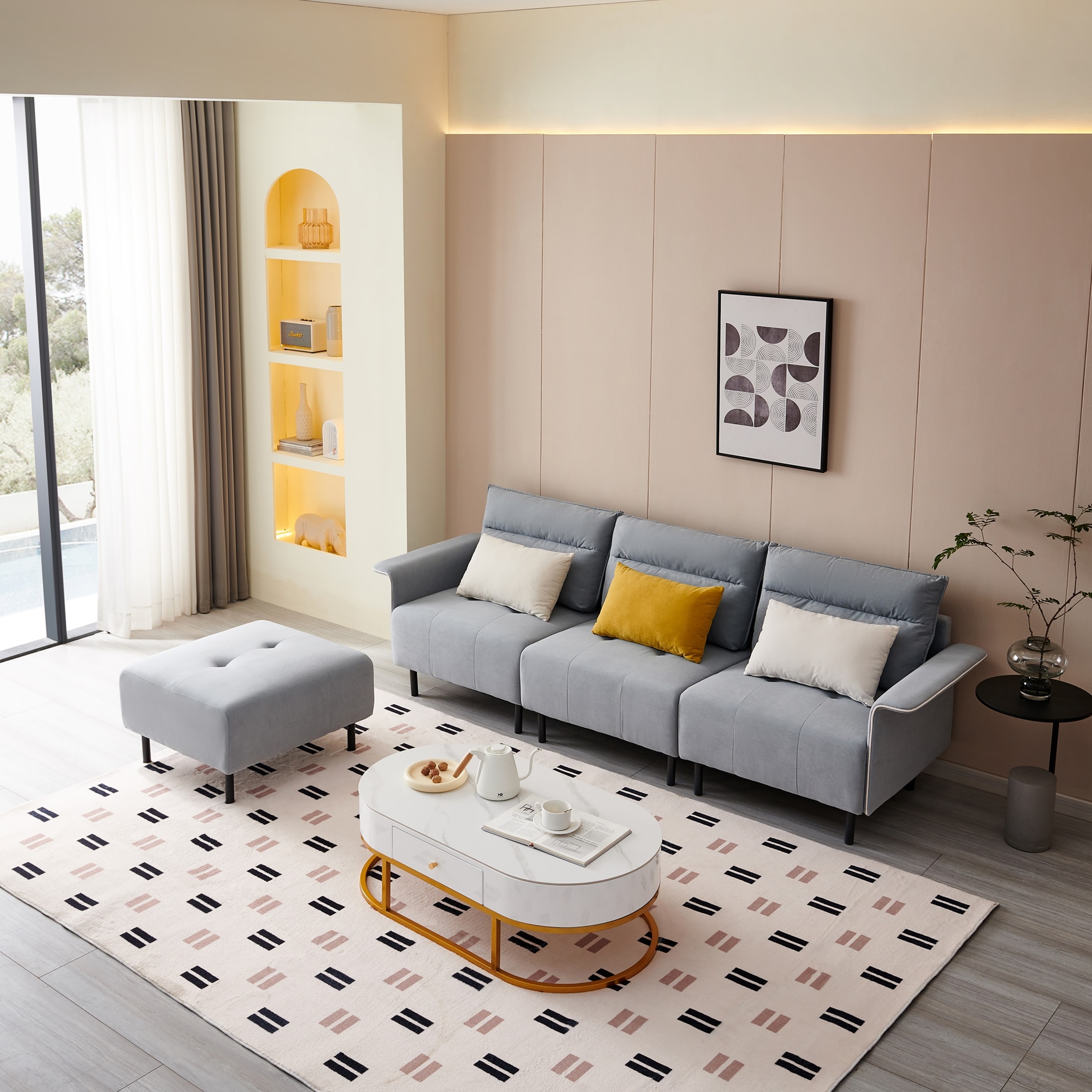 Aria Suede Sectional Sofa with Ottoman 3 Pillows Included Bed