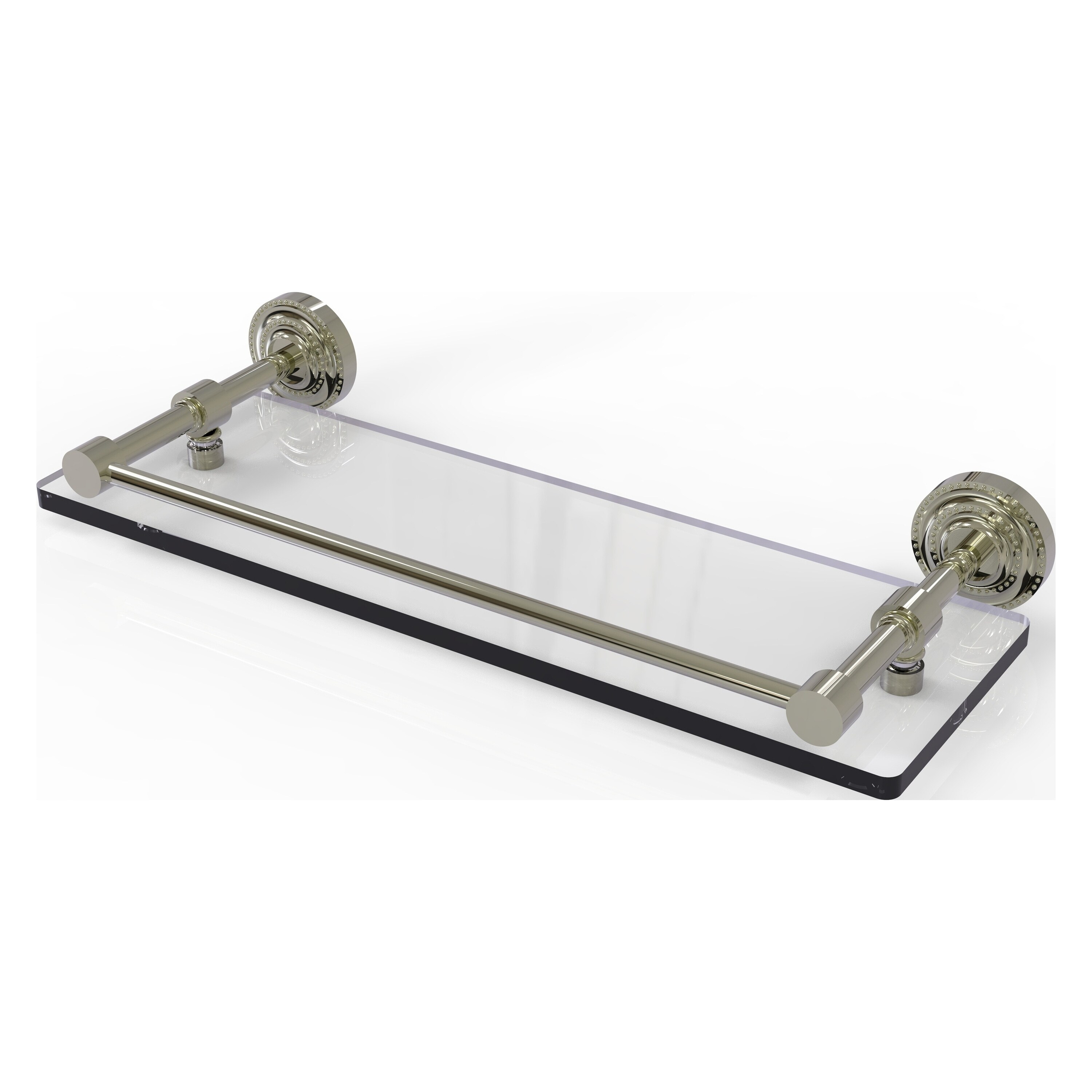Dottingham 16 in. L x 8 in. H x 5 in. W 2-Tier Clear Glass Bathroom Shelf with Gallery Rail in Polished Nickel Dottingham 16 in. L x 8 in. H x 5 in. W 2-Tier Clear Glass Bathroom Shelf with Gallery Rail in Polished Nickel