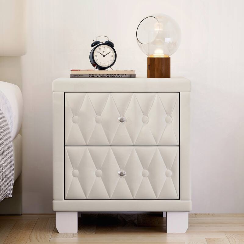 Elegant Velvet Nightstand with 2 Drawers and Crystal Handle