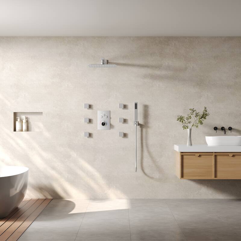 Thermostatic Shower System 12" Rain Shower Head with High Pressure Handheld Spray