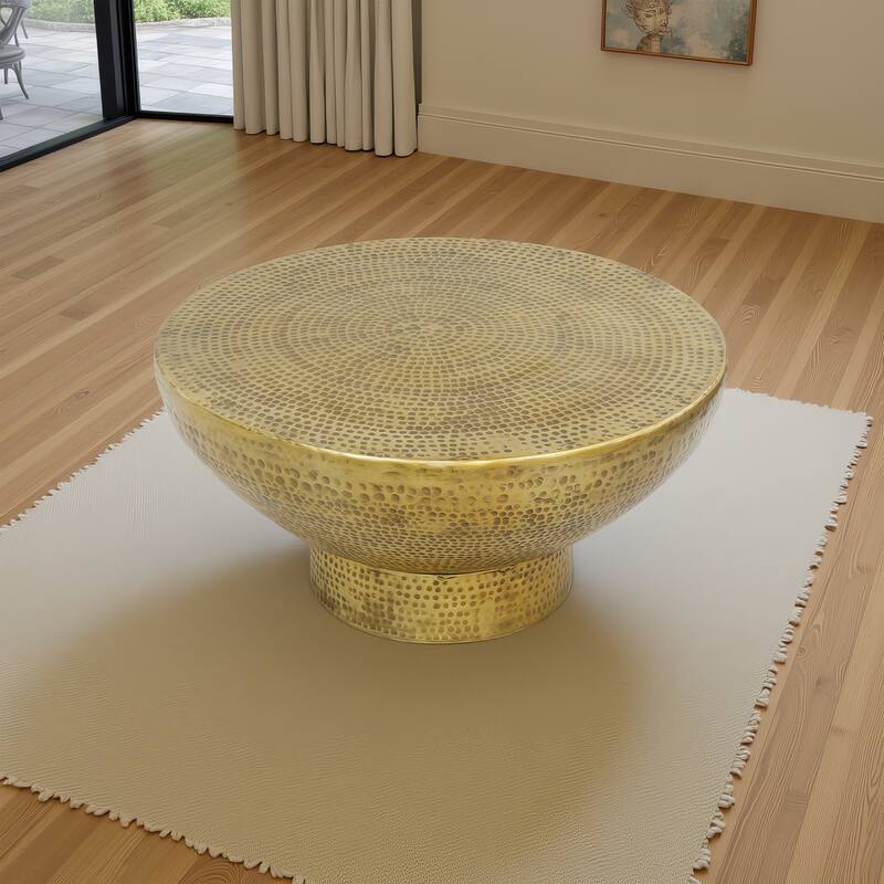 Orion Coffee Table | 32 Inch Round Martini Glass Shape |Hammered Antique Brass Finish