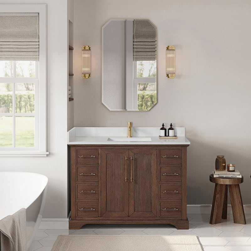 Tokyo Bath Vanity with Quartz Stone Top without Mirror - 48in. - Dark Brown Oak