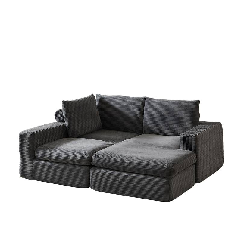 L-Shaped Sectional Sofa with Chaise Lounge, Corduroy Upholstered Boneless Couch, Module Corner Sofa with 3 Pillows