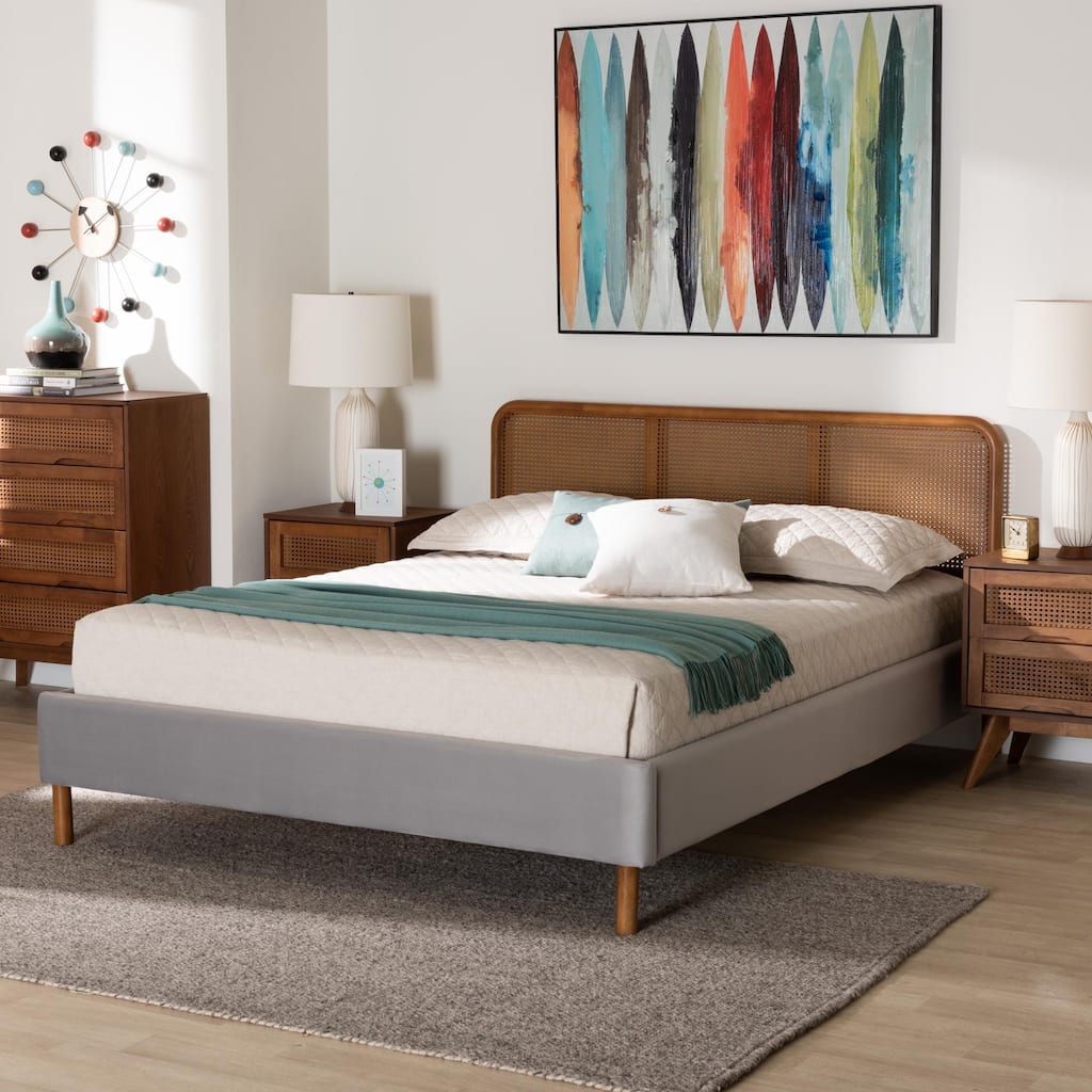 Rosita Mid-Century Modern Transitional Light Grey Velvet Fabric and Walnut Brown Finished Wood Queen Size Platform Bed