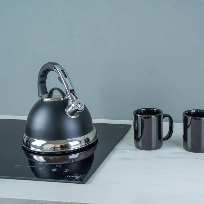 Creative Home Camille 3.0 Quart Stainless Steel Whistling Tea Kettle with Aluminum Capsulated Bottom, Opaque Black Color