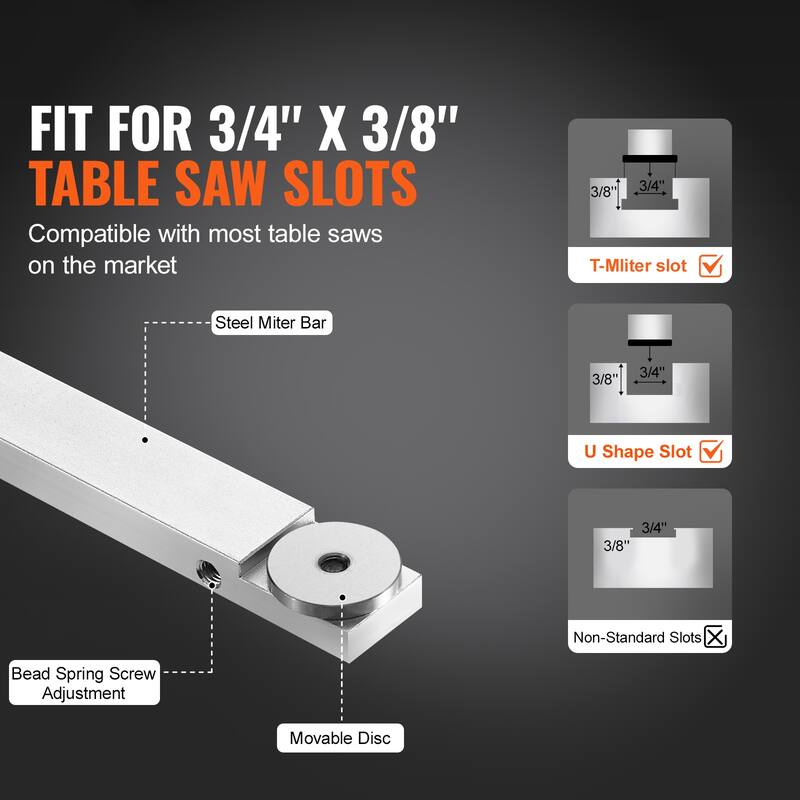 Precision Miter Gauge, Standard Slot 3/4'' x 3/8'', with 15 Angle Stops Adjustable Spring Loaded Plunger and Removable Disc