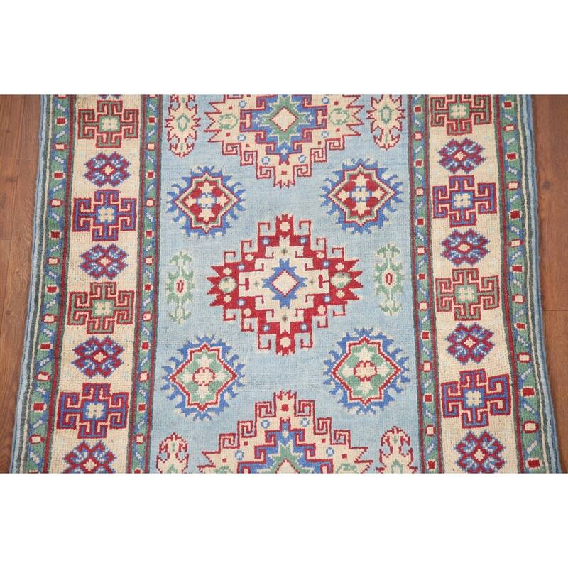 Hand Knotted Oriental 100% Wool Carpet Traditional Geometric Navy Blue & Blues Kazak Runner Rug - 6' 6'' X 2' 9''