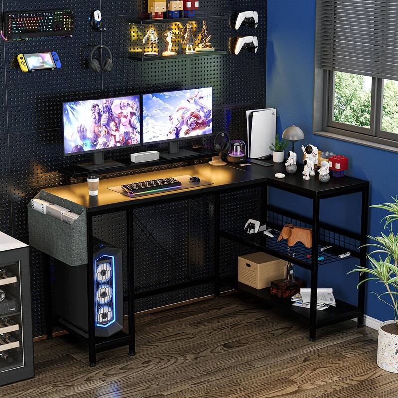 L Shaped Computer Desk with Power Outlets & LED Light