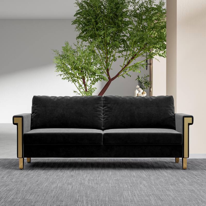 2-Seat Velvet Sofa with Flared Arms and Gold Metal Accents, Mid-Century Modern for Living Room