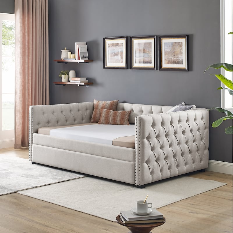 Beige Full Size Upholstered Tufted Daybed with Copper Nail on Square Arms