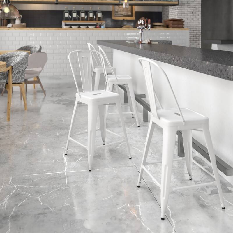 24'' High Metal Indoor-Outdoor Counter Height Stool with Back - White