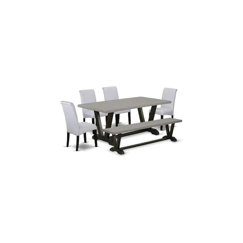 Modern 6-Piece Dining Set - Mid Century Table, Bench & 4 Linen Chairs