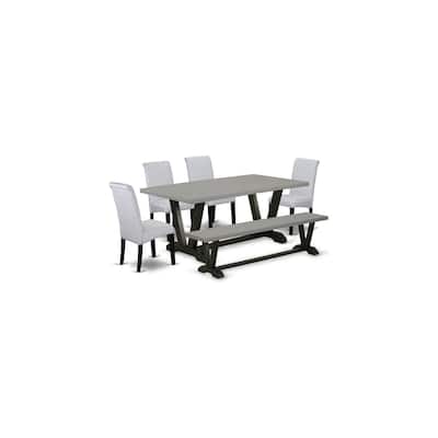 Modern 6-Piece Dining Set - Mid Century Table, Bench & 4 Linen Chairs