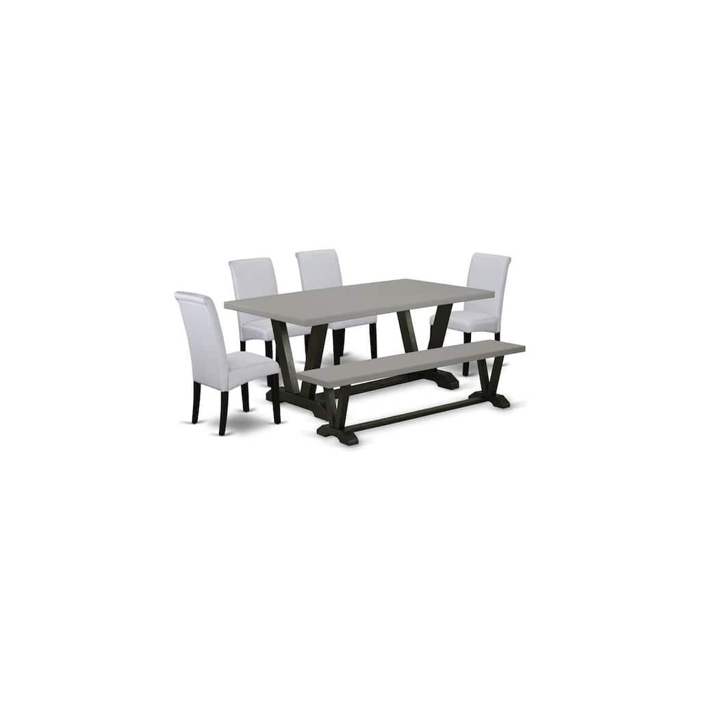 Modern 6-Piece Dining Set - Mid Century Table, Bench & 4 Linen Chairs